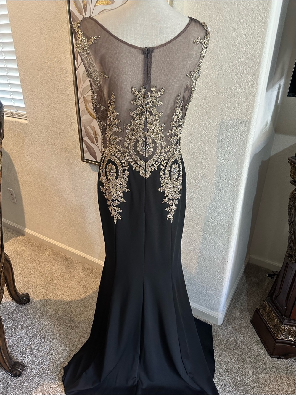 Elegant Black Prom Dress with Gold Embroidered Illusion Bodice